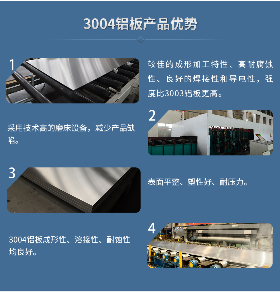 3004鋁闆産品優勢
　　1、較佳的成形加工特性、高耐腐蝕性、良好的焊接性和導電性，強度比3003鋁闆更高。
　　2、采用技術高的磨床設備，減少産品缺陷。
　　3、表面平整、塑性好、耐壓力。
　　明泰3004鋁闆優勢
　　1、3004鋁闆成形性、溶接性、耐蝕性均良好。
　　2、好的成形加工特性、高耐腐蝕性、良好的焊接性和導電性，強度比3003鋁闆更高。
　　3、3004鋁闆表面平整、塑性好、耐壓力;
　　4、采用國際先進的磨床設備，減少産品缺陷。