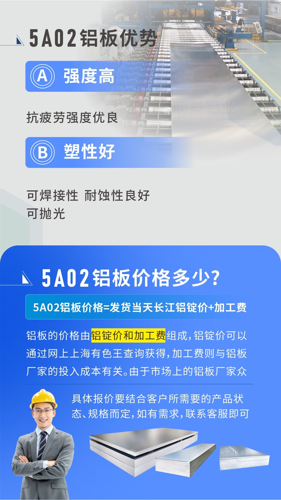 5A02産品優勢:強度高、抗疲勞強度優良、塑性好、可焊接性、耐蝕性良好、可抛光。5A02鋁闆價格多少？5A02鋁闆價格=發貨當天長江鋁錠價+加工費；
鋁闆的價格由鋁錠價和加工費組成，鋁錠價可以通過網上上海有色王查詢獲得，加工費則與鋁闆廠家的投入成本有關。由于市場上的鋁闆廠家衆多，再加上5a05鋁闆具有不同的狀态和規格，每個廠家、每個狀态的報價也都是不一樣的。具體報價要結合客戶所需要的産品狀态、規格而定，如有需求，聯系客服即可安排業務經理爲您報價。點擊在線咨詢。

