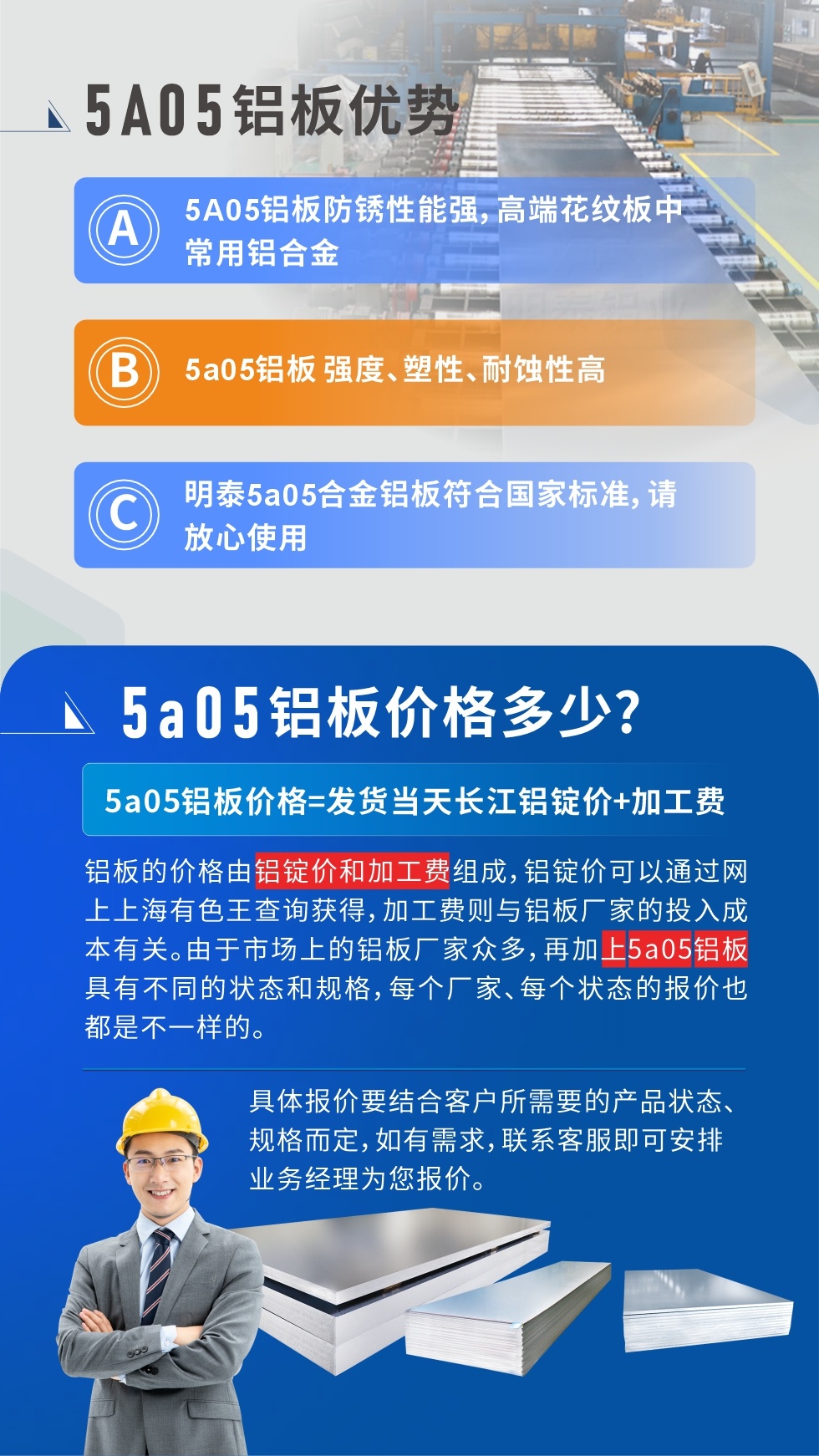  産品優勢   

5A05鋁闆防鏽性能強，高端花紋闆中常用鋁合金

5a05鋁闆 強度、塑性、耐蝕性高

明泰5a05合金鋁闆符合國家标準，請放心使用

5a05鋁闆價格多少錢

5a05鋁闆價格=發貨當天長江鋁錠價+加工費

鋁闆的價格由鋁錠價和加工費組成，鋁錠價可以通過網上上海有色王查詢獲得，加工費則與鋁闆廠家的投入成本有關。由于市場上的鋁闆廠家衆多，再加上5a05鋁闆具有不同的狀态和規格，每個廠家、每個狀态的報價也都是不一樣的。具體報價要結合客戶所需要的産品狀态、規格而定，如有需求，聯系客服即可安排業務經理爲您報價。點擊在線咨詢。
