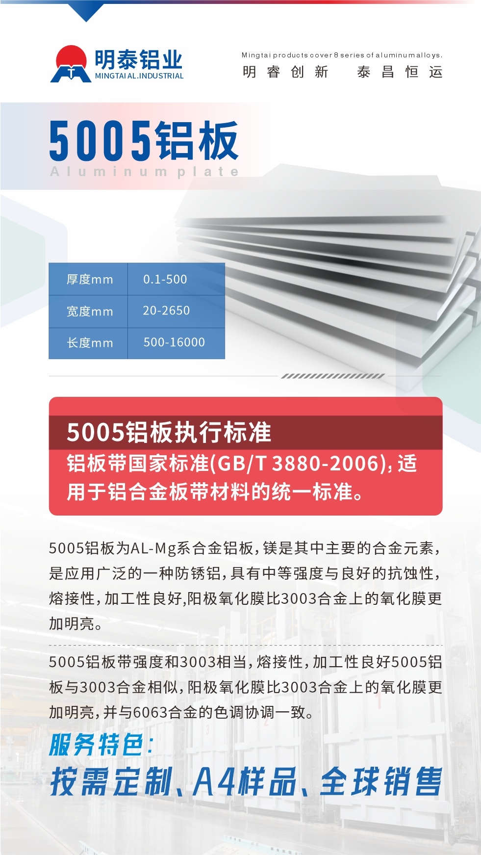 産品介紹

5005鋁闆爲AL-Mg系合金鋁闆，鎂是其中主要的合金元素，是應用廣泛的一種防鏽鋁，具有中等強度與良好的抗蝕性，熔接性，加工性良好,陽極氧化膜比3003合金上的氧化膜更加明亮。

5005鋁闆帶強度和3003相當，熔接性，加工性良好5005鋁闆與3003合金相似，陽極氧化膜比3003合金上的氧化膜更加明亮，并與6063合金的色調協調一緻。服務特色：按需定制、A4樣品、全球銷售!

